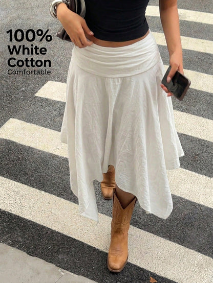 Aloruh 100% Cotton Women's Spring/Summer New Asymmetric Flared Midi Skirt, Retro Y2K