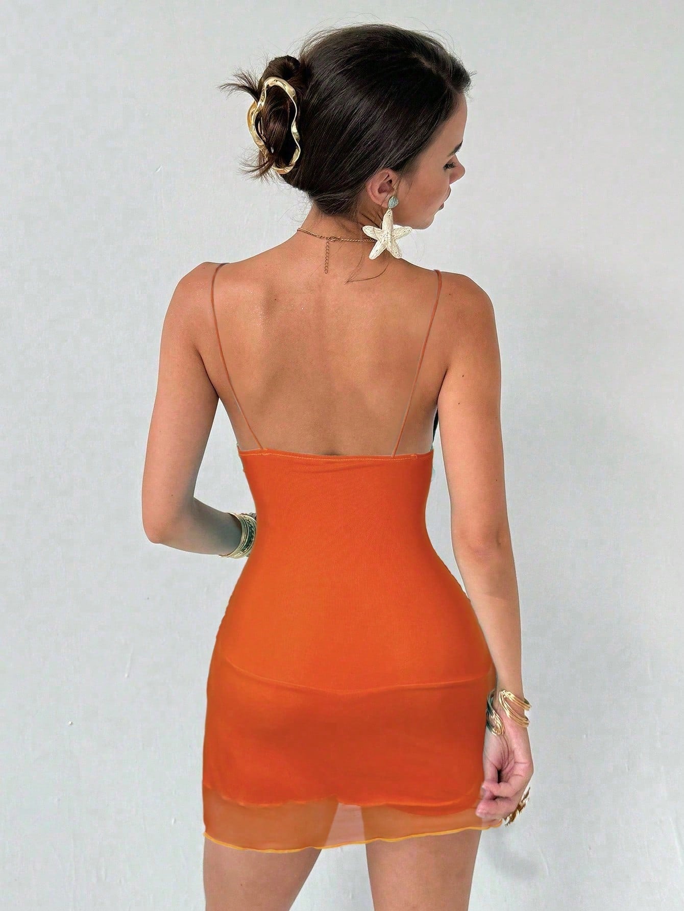 Aloruh New Glitter Contrast Mesh Plunging Neckline Camisole Dress With Shorts, Anti-Flashing Mini Dress, Club Night Dresses For Women Orange Red Summer Sexy