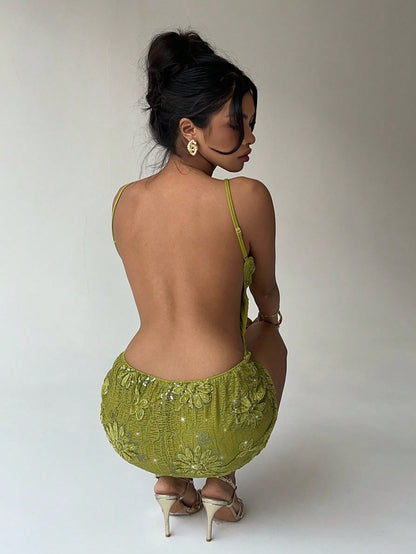 Aloruh Women's 70s Elegant Backless Mini Dress,Olive Green 3D Floral Embroidery Sequin Sheer Detail Bodycon Summer Dress,Round Neck Party Pencil Hem