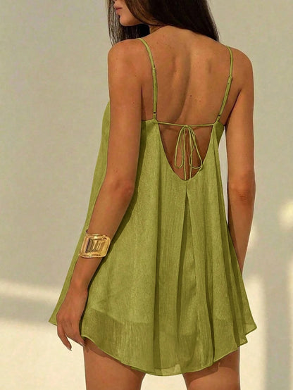 Aloruh Women's Deep V-Neck Spaghetti Strap A-Line Flowy Ruffle Hem Dress, Grass Green