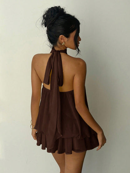 Aloruh Women's Elegant Brown Halter Tie Mini Dress,Elegant Dresses For Women,Party Dresses For Women,Dresses For Women Party