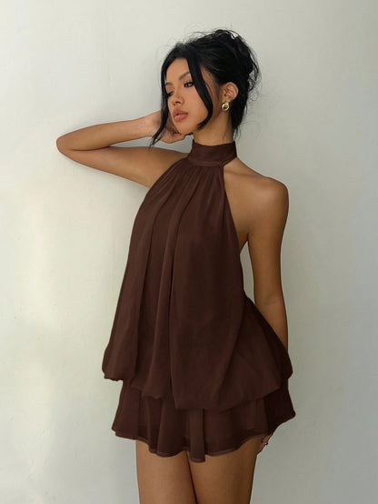 Aloruh Women's Elegant Brown Halter Tie Mini Dress,Elegant Dresses For Women,Party Dresses For Women,Dresses For Women Party