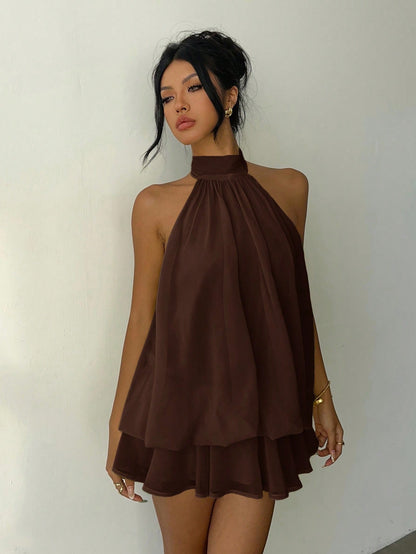 Aloruh Women's Elegant Brown Halter Tie Mini Dress,Elegant Dresses For Women,Party Dresses For Women,Dresses For Women Party