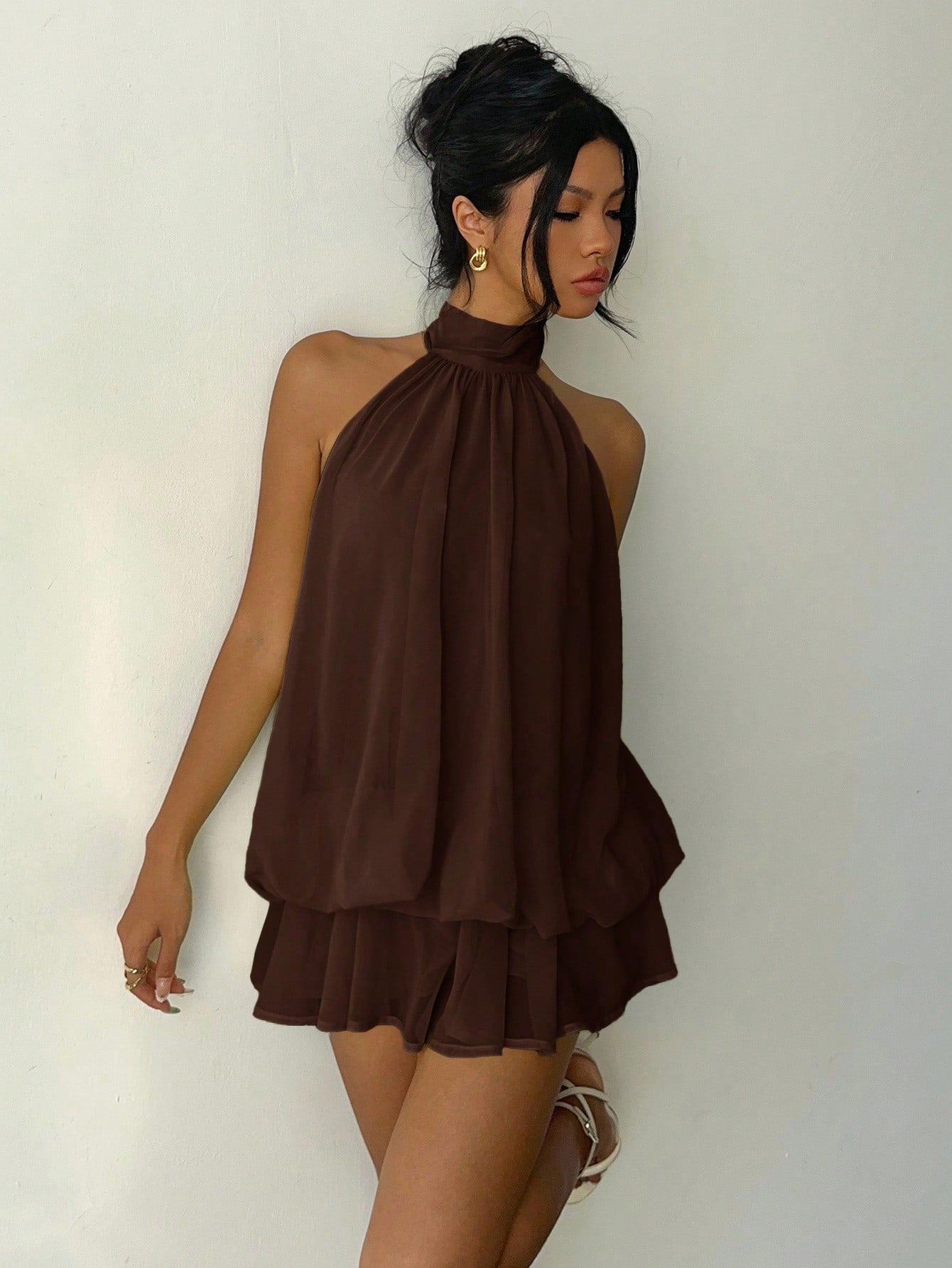 Aloruh Women's Elegant Brown Halter Tie Mini Dress,Elegant Dresses For Women,Party Dresses For Women,Dresses For Women Party