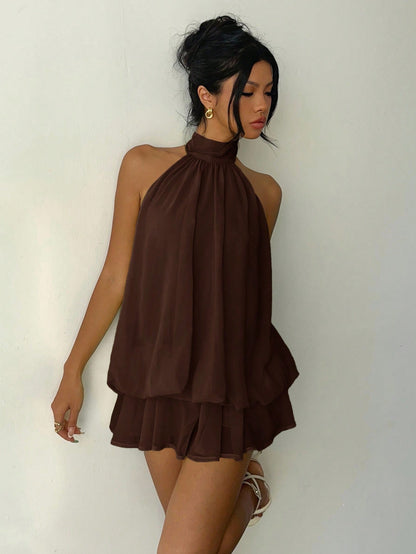 Aloruh Women's Elegant Brown Halter Tie Mini Dress,Elegant Dresses For Women,Party Dresses For Women,Dresses For Women Party