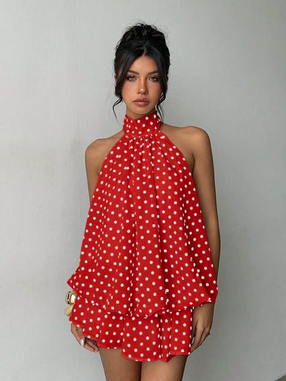 Aloruh Women's Elegant Polka Dot Print Halter Backless Mini Dress