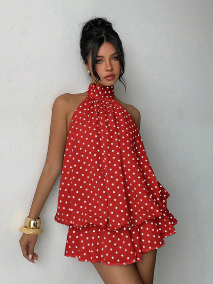 Aloruh Women's Elegant Polka Dot Print Halter Backless Mini Dress