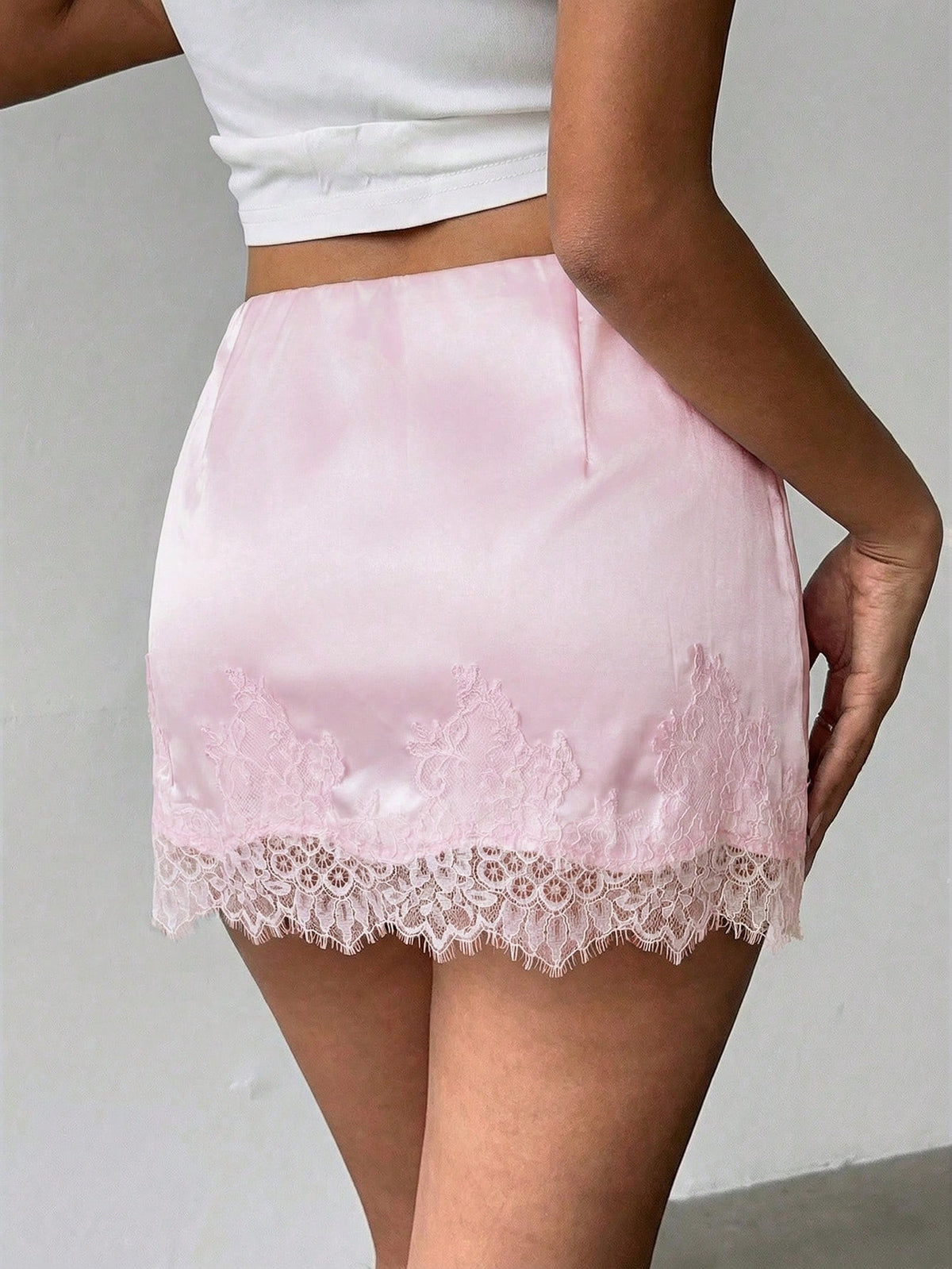 Aloruh Women's Elegant Sexy Low Waist Lace Patchwork Satin Fitted Pink Mini Skirt,Pink Skirt, Summer Vacation,Summer For Women,Summer Skirt Party