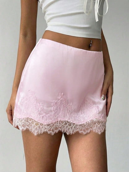 Aloruh Women's Elegant Sexy Low Waist Lace Patchwork Satin Fitted Pink Mini Skirt,Pink Skirt, Summer Vacation,Summer For Women,Summer Skirt Party