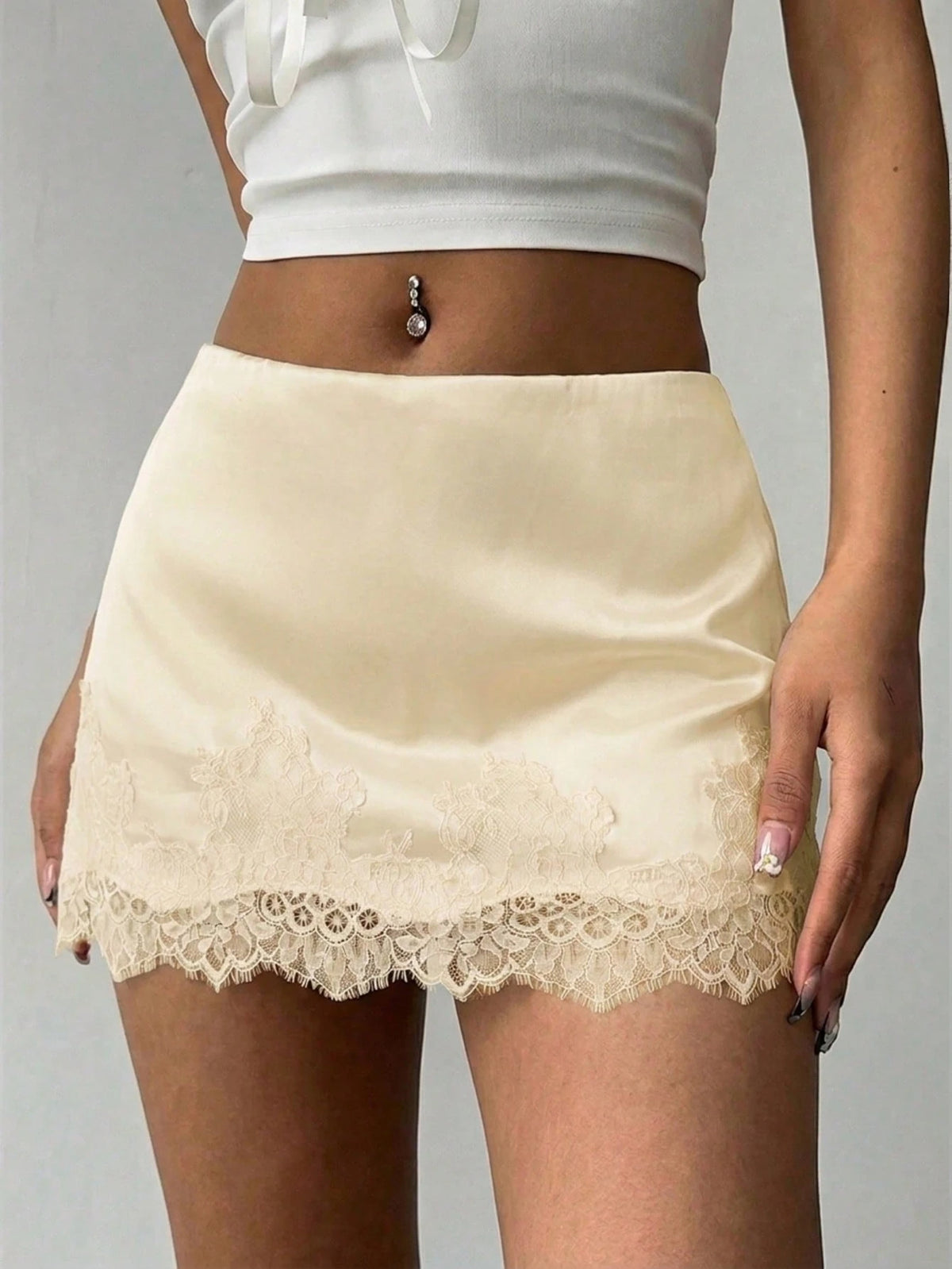 Aloruh Women's Elegant Sexy Low Waist Lace Patchwork Satin Fitted Pink Mini Skirt,Pink Skirt, Summer Vacation,Summer For Women,Summer Skirt Party