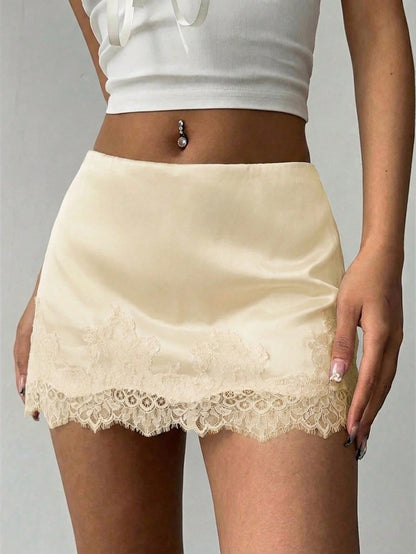 Aloruh Women's Elegant Sexy Low Waist Lace Patchwork Satin Fitted Pink Mini Skirt,Pink Skirt, Summer Vacation,Summer For Women,Summer Skirt Party