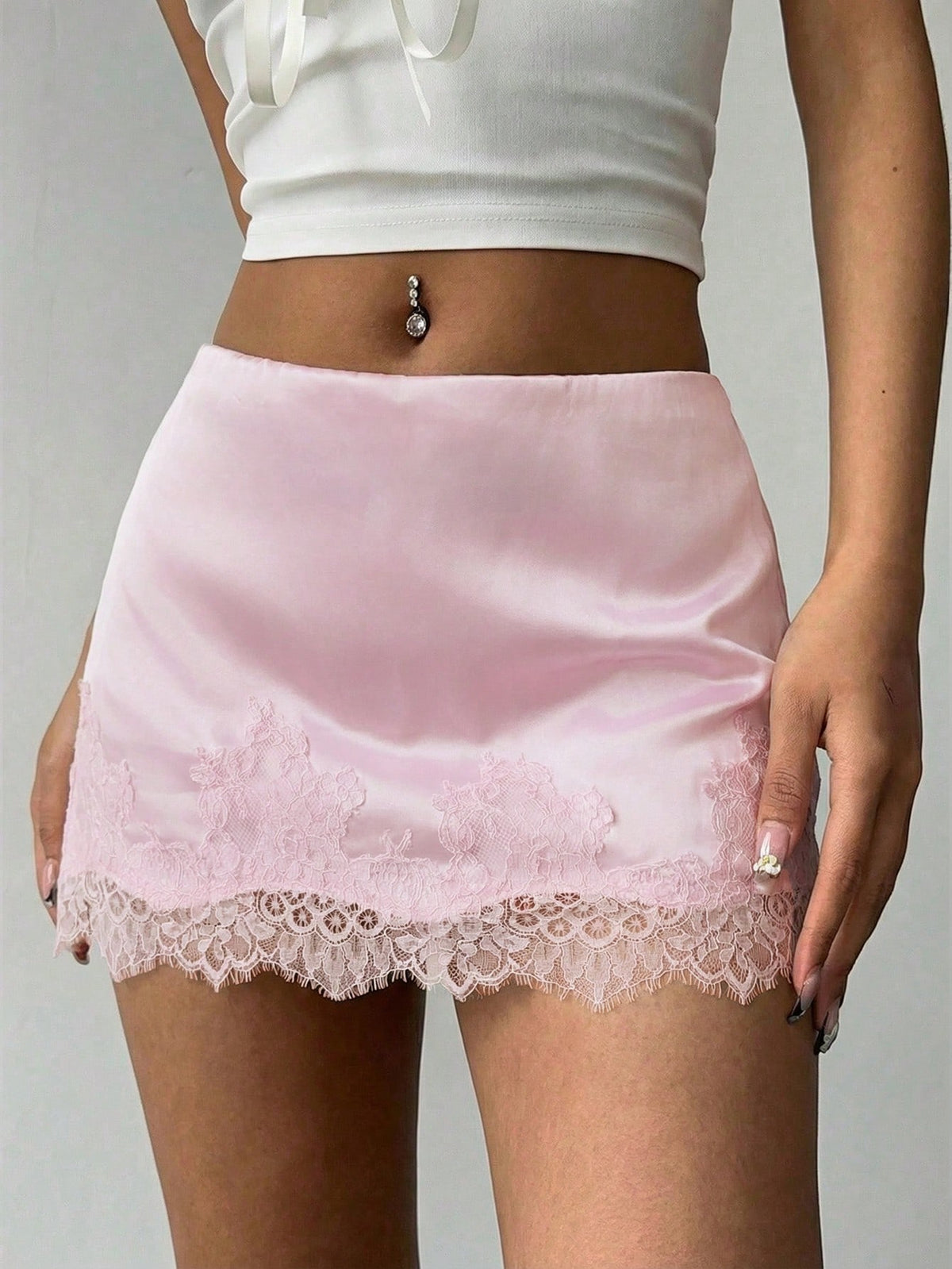 Aloruh Women's Elegant Sexy Low Waist Lace Patchwork Satin Fitted Pink Mini Skirt,Pink Skirt, Summer Vacation,Summer For Women,Summer Skirt Party