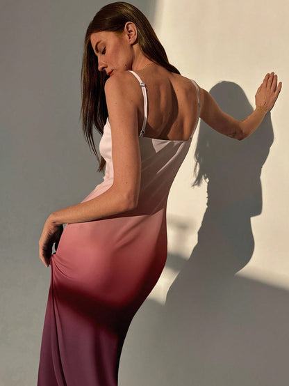 Aloruh Women's Elegant Sexy Ombre Waist Cinched Midi Slip Dress, Autumn Birthday Party Dusty Rose