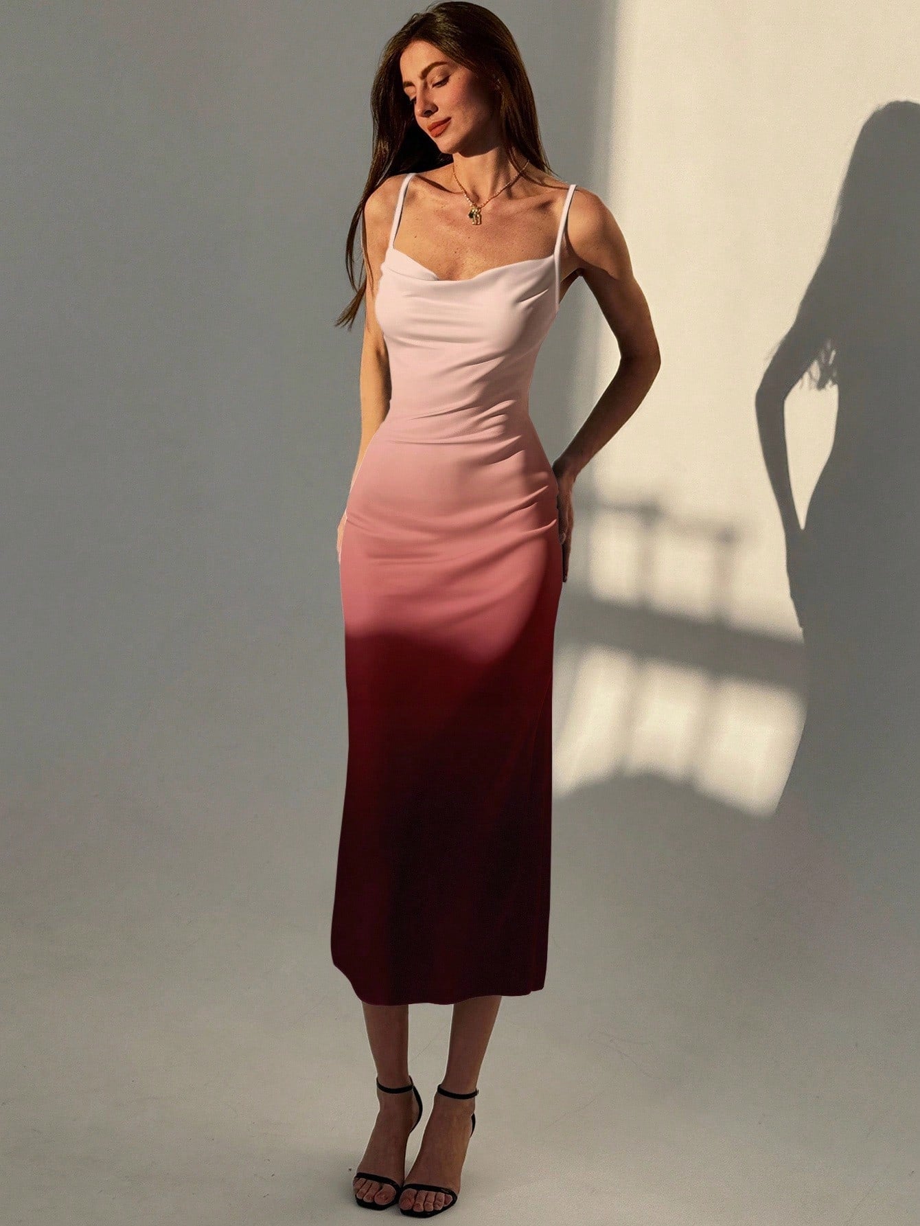 Aloruh Women's Elegant Sexy Ombre Waist Cinched Midi Slip Dress, Autumn Birthday Party Dusty Rose