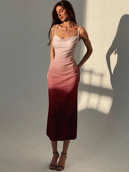Aloruh Women's Elegant Sexy Ombre Waist Cinched Midi Slip Dress, Autumn Birthday Party Dusty Rose