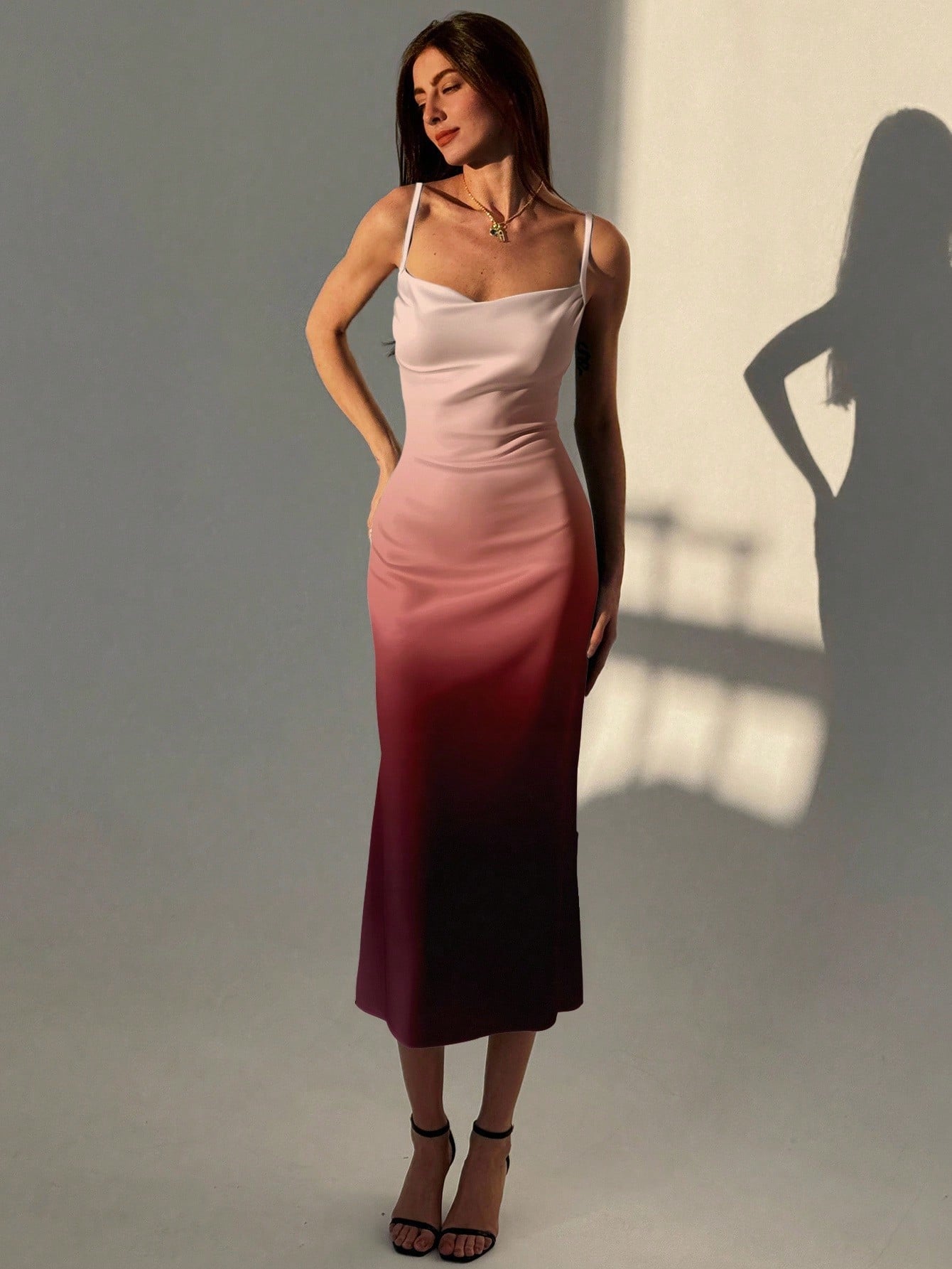 Aloruh Women's Elegant Sexy Ombre Waist Cinched Midi Slip Dress, Autumn Birthday Party Dusty Rose