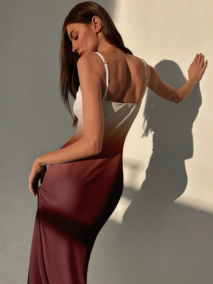 Aloruh Women's Elegant Sexy Ombre Waist Cinched Midi Slip Dress, Autumn Birthday Party Dusty Rose