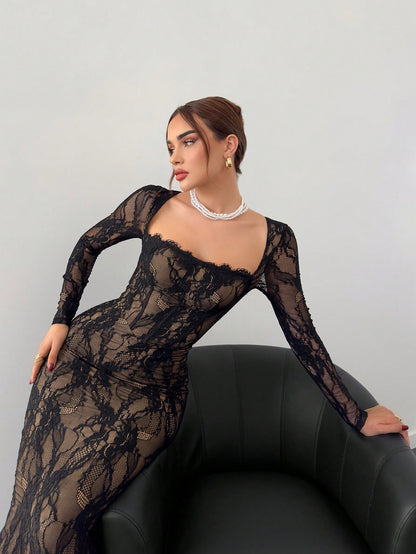 Aloruh Women's Elegant Sexy Seductive Lace Long Sleeve Corset Dress, Autumn And Black Floral Floor Length Slim Fitted Party Night Tea Wedding