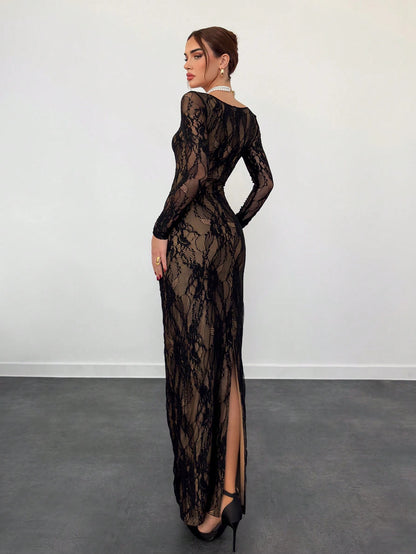 Aloruh Women's Elegant Sexy Seductive Lace Long Sleeve Corset Dress, Autumn And Black Floral Floor Length Slim Fitted Party Night Tea Wedding