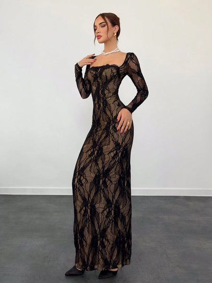 Aloruh Women's Elegant Sexy Seductive Lace Long Sleeve Corset Dress, Autumn And Black Floral Floor Length Slim Fitted Party Night Tea Wedding