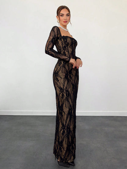 Aloruh Women's Elegant Sexy Seductive Lace Long Sleeve Corset Dress, Autumn And Black Floral Floor Length Slim Fitted Party Night Tea Wedding