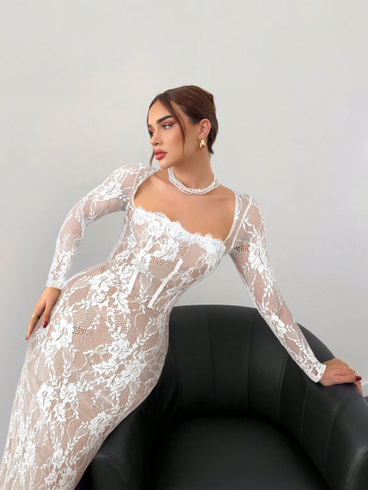 Aloruh Women's Elegant Sexy Seductive Lace Long Sleeve Corset Dress, Autumn And Black Floral Floor Length Slim Fitted Party Night Tea Wedding
