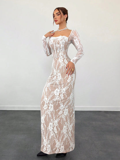Aloruh Women's Elegant Sexy Seductive Lace Long Sleeve Corset Dress, Autumn And Black Floral Floor Length Slim Fitted Party Night Tea Wedding
