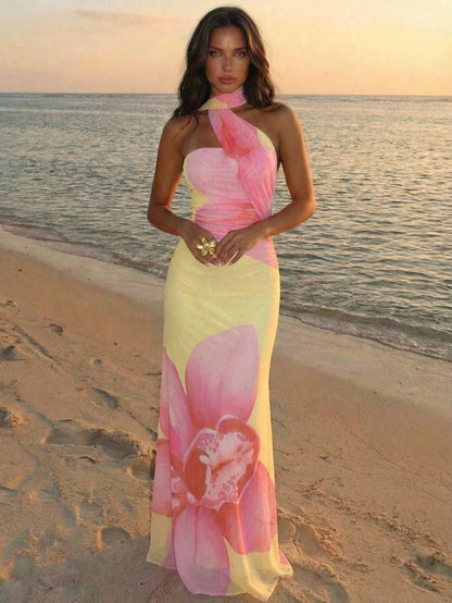 Aloruh Women's Floral Print Backless Halter Fitted Dress, Pink And Yellow Summer Tropical Beach Vacation Holiday Nashville Western Modest Sexy Boho Maxi