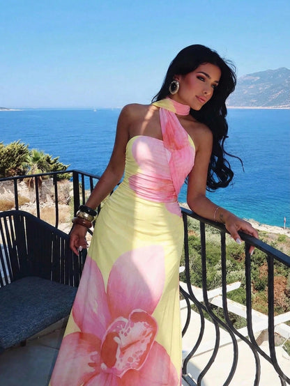 Aloruh Women's Floral Print Backless Halter Fitted Dress, Pink And Yellow Summer Tropical Beach Vacation Holiday Nashville Western Modest Sexy Boho Maxi