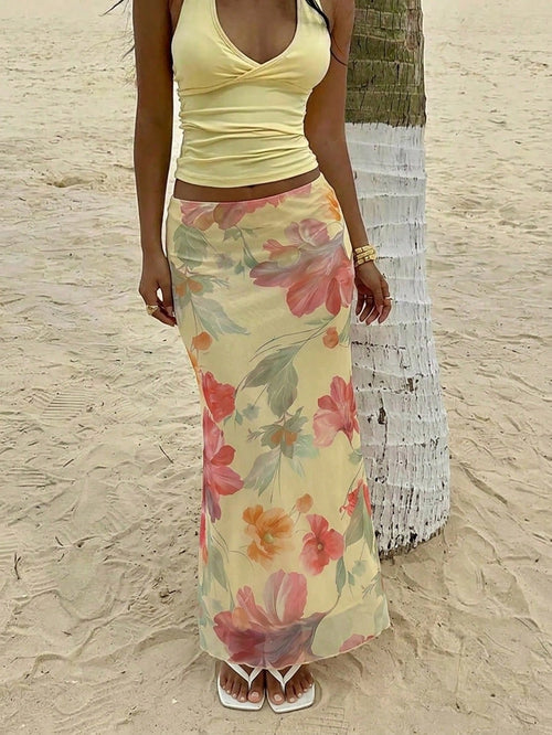 Aloruh Women's Floral Print Vacation Low Waist Skirt, Spring/Summer Beach Vacation Pastel Yellow