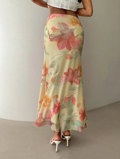 Aloruh Women's Floral Print Vacation Low Waist Skirt, Spring/Summer Beach Vacation Pastel Yellow