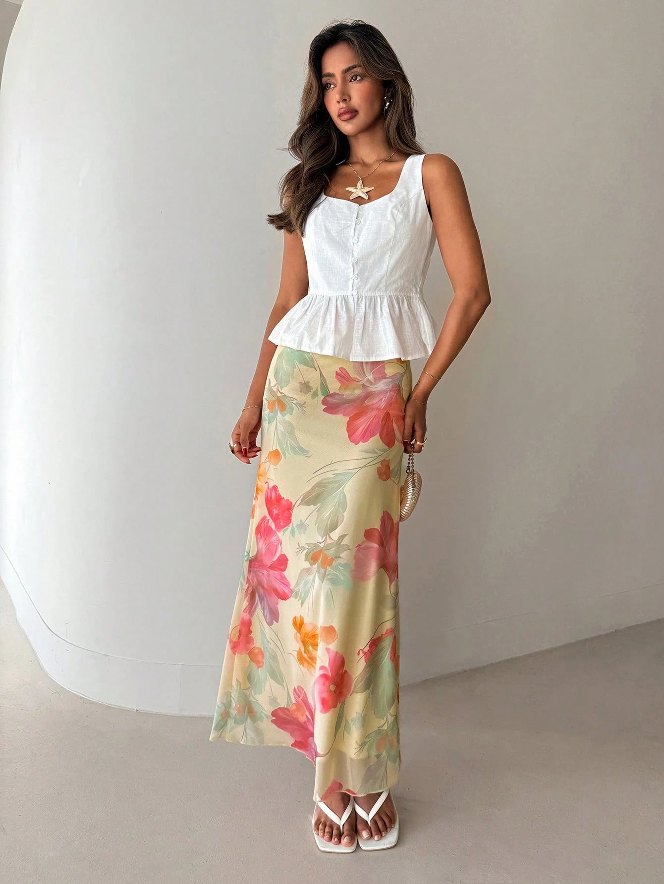 Aloruh Women's Floral Print Vacation Low Waist Skirt, Spring/Summer Beach Vacation Pastel Yellow