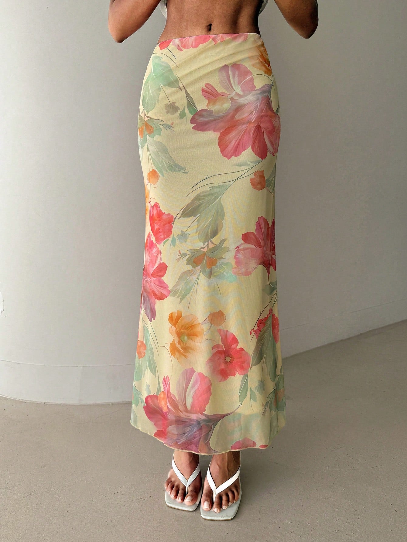 Aloruh Women's Floral Print Vacation Low Waist Skirt, Spring/Summer Beach Vacation Pastel Yellow