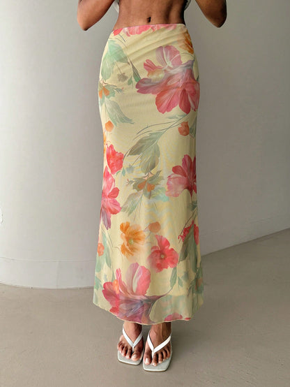 Aloruh Women's Floral Print Vacation Low Waist Skirt, Spring/Summer Beach Vacation Pastel Yellow