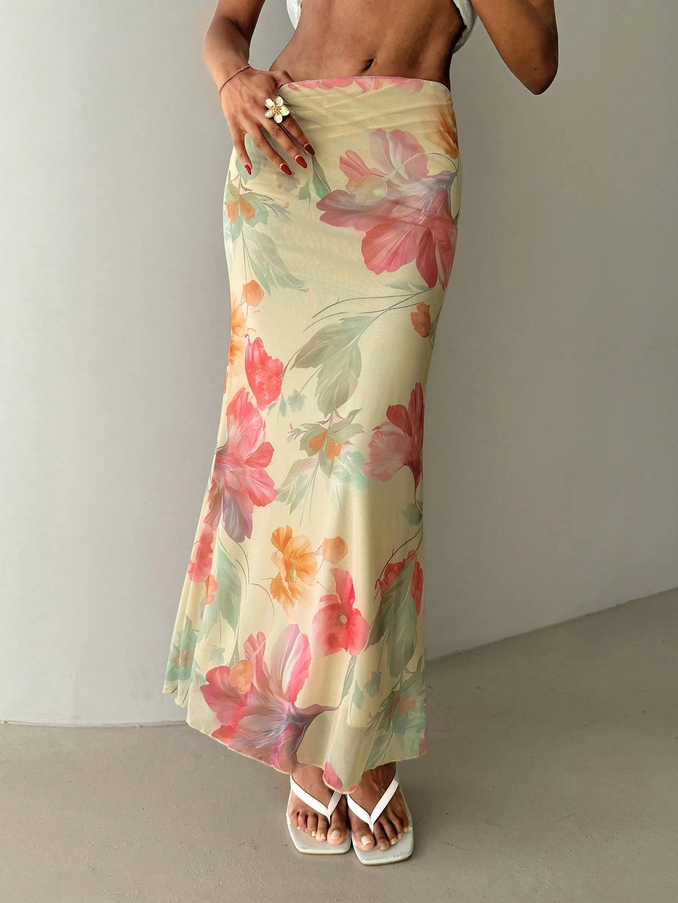 Aloruh Women's Floral Print Vacation Low Waist Skirt, Spring/Summer Beach Vacation Pastel Yellow