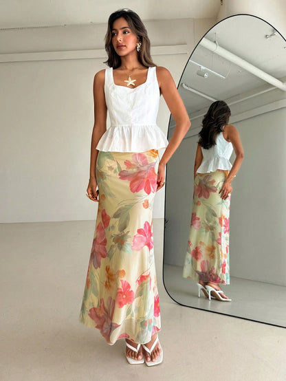 Aloruh Women's Floral Print Vacation Low Waist Skirt, Spring/Summer Beach Vacation Pastel Yellow