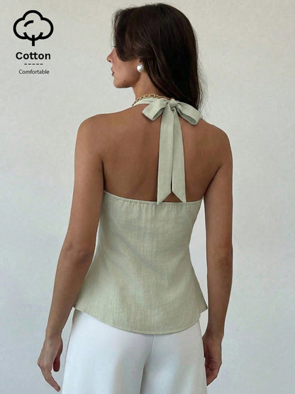 Aloruh Women's Linen Metal Decor Waist A-Line Shirt, Spring/Summer,Summer Top