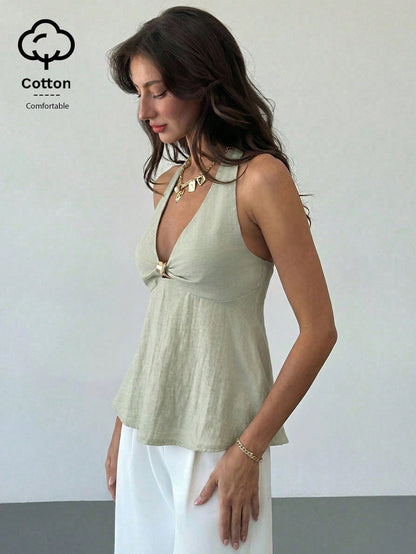 Aloruh Women's Linen Metal Decor Waist A-Line Shirt, Spring/Summer,Summer Top