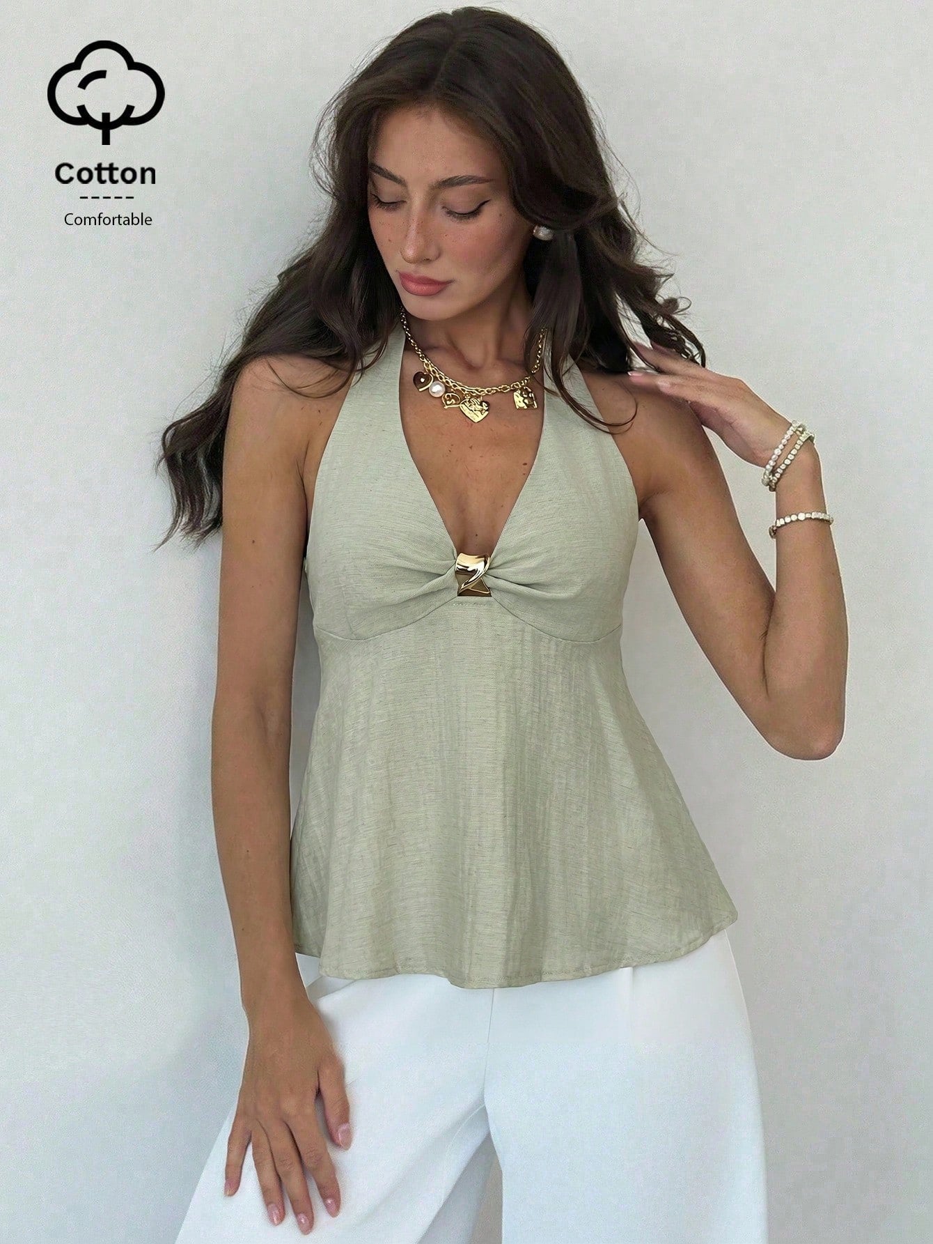 Aloruh Women's Linen Metal Decor Waist A-Line Shirt, Spring/Summer,Summer Top