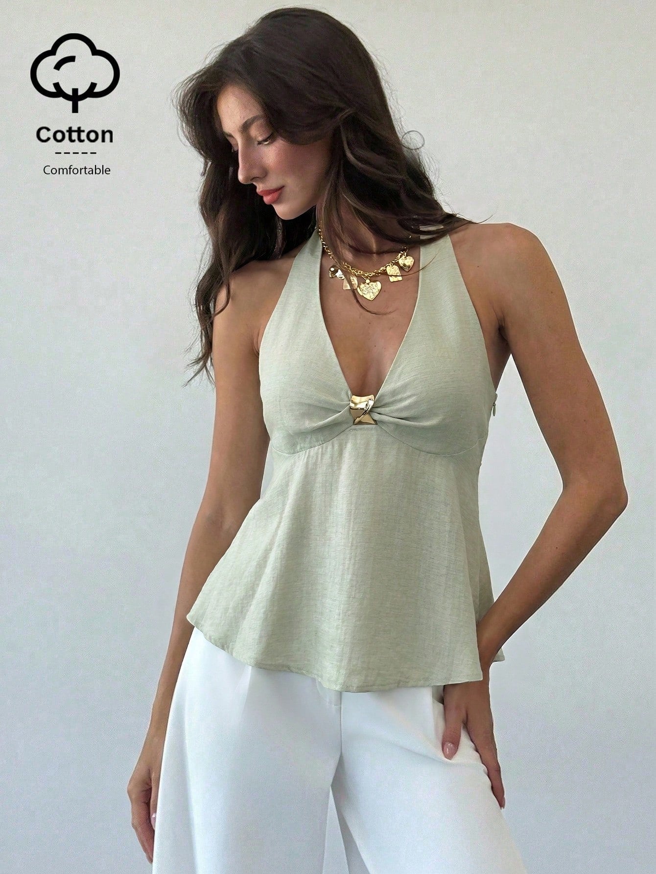 Aloruh Women's Linen Metal Decor Waist A-Line Shirt, Spring/Summer,Summer Top