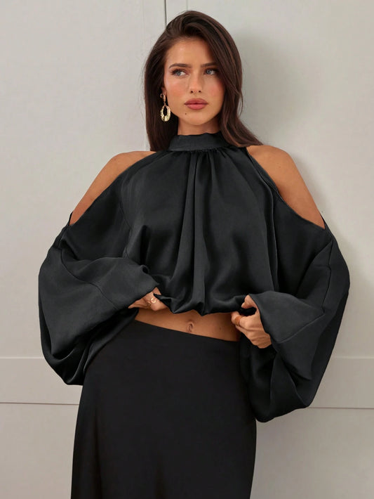 Aloruh Women's New Satin Blouse Long Sleeve Top, Solid Milky White & Champagne Color, Puff Sleeve Design, Elegant & Sexy Party Wear, Autumn/Winter