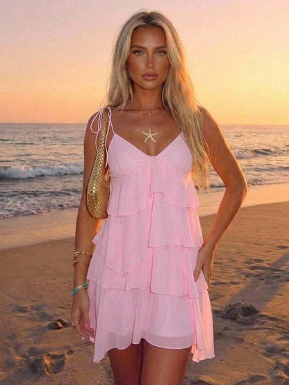 Aloruh Women's Solid Color Casual Party & Travel Mini Camisole Dress Summer Outfits Clothes Beach For Woman Vacation Boho Tropical Clothe Pink Dresses Women