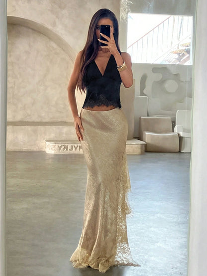 Aloruh Women's Summer Fashion Contrast Lace Fishtail Hem Skirt