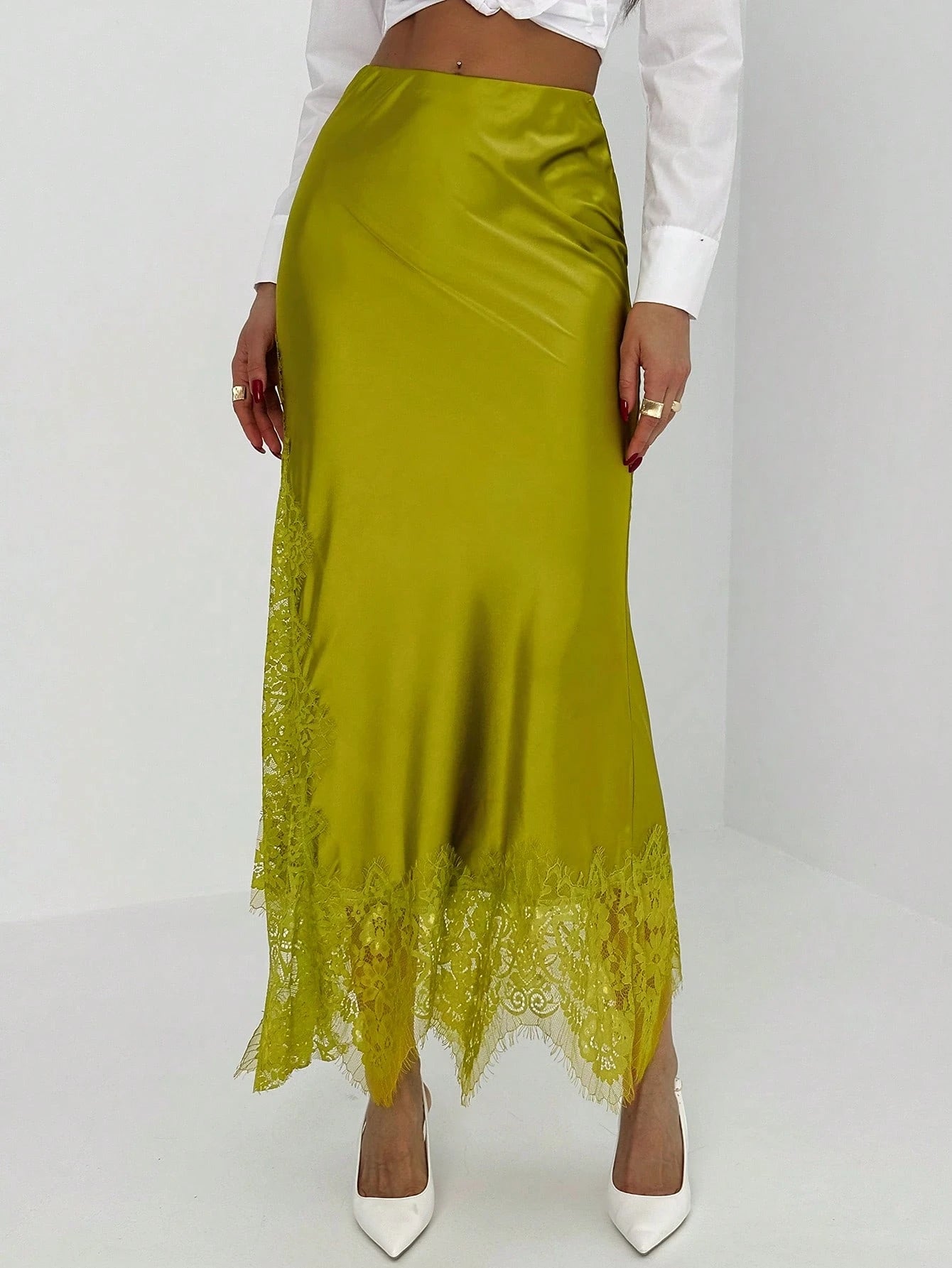 Aloruh Women's Summer Fashion Contrast Lace Fishtail Hem Skirt