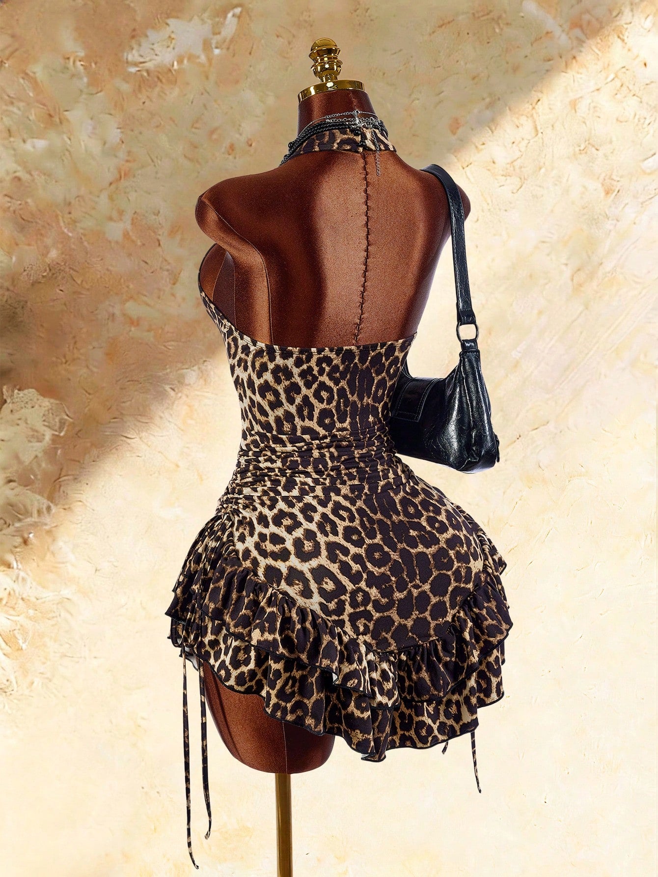 Amplova Boho Sexy Style High Neck Asymmetrical Ruffle Hem Waist-Cinching Mini Dress Going Out Night Out Brown Summer