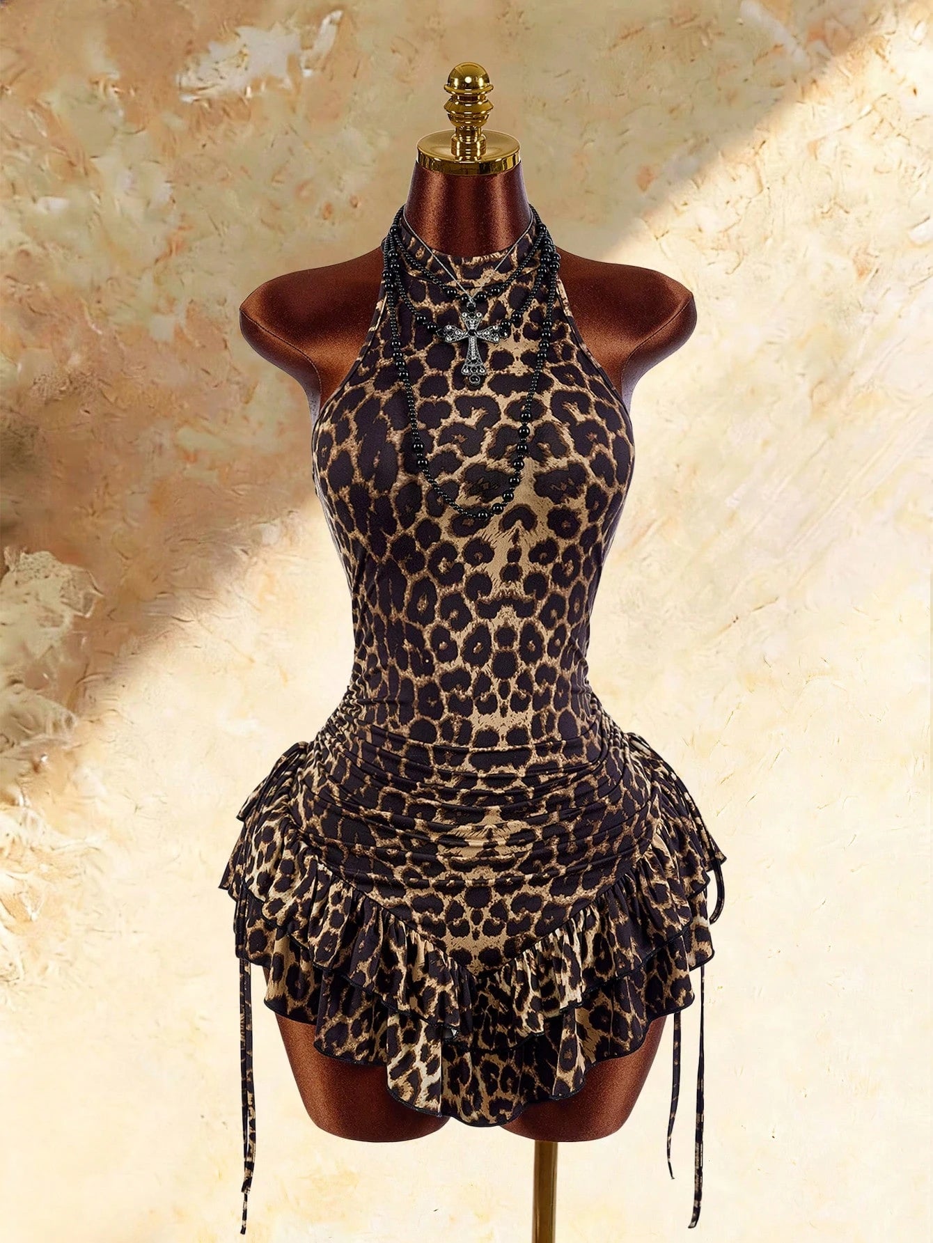 Amplova Boho Sexy Style High Neck Asymmetrical Ruffle Hem Waist-Cinching Mini Dress Going Out Night Out Brown Summer