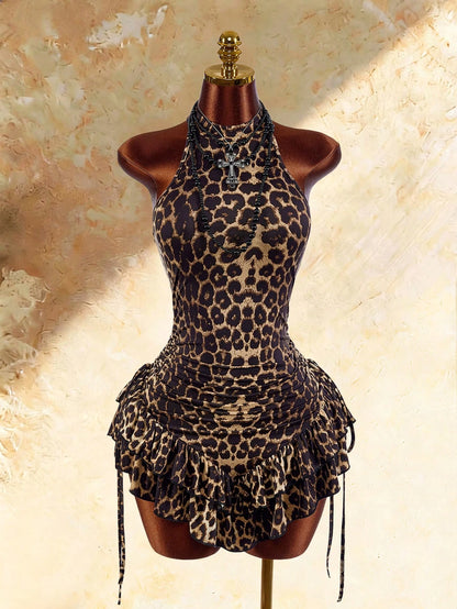 Amplova Boho Sexy Style High Neck Asymmetrical Ruffle Hem Waist-Cinching Mini Dress Going Out Night Out Brown Summer