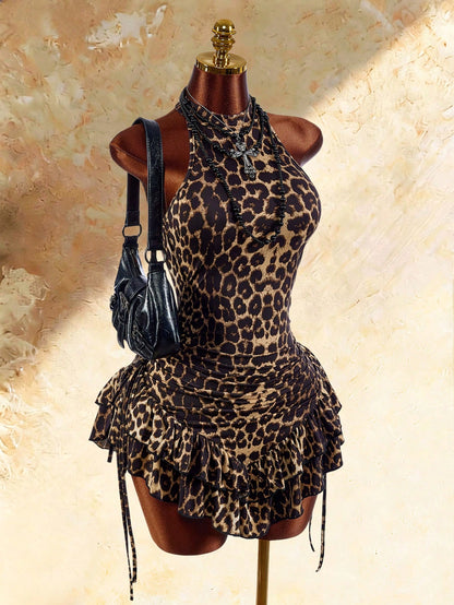 Amplova Boho Sexy Style High Neck Asymmetrical Ruffle Hem Waist-Cinching Mini Dress Going Out Night Out Brown Summer