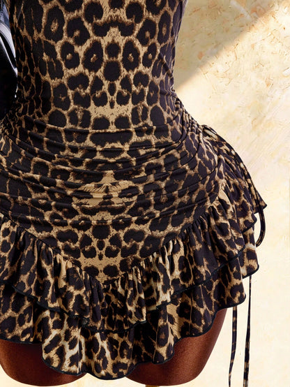 Amplova Boho Sexy Style High Neck Asymmetrical Ruffle Hem Waist-Cinching Mini Dress Going Out Night Out Brown Summer