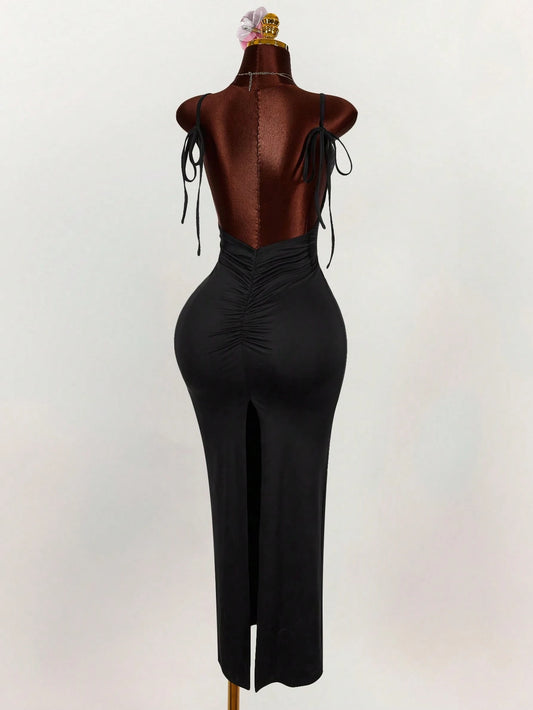 Amplova Generous Neckline Spaghetti Strap Bow Tie Backless Ruched High Slit Bodycon Maxi Dress